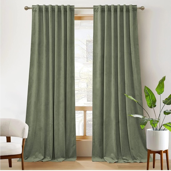 RYB HOME Plush Velvet Curtains Sage Green W52 x L108 Set of 2 Panels - Picture 1 of 5